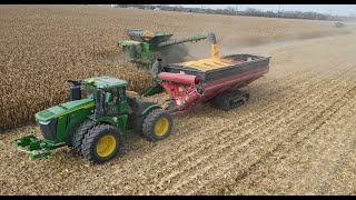 Two John Deere X9 1100 Combines with 16 Row Corn heads Harvesting a 640 Acre Field in Illinois [upl. by Naujid155]