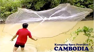 Net Fishing at Kampong Speu province Cambodia  Throw A Cast Net to Catch Fishes in Asia [upl. by Tebasile124]