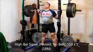 High Bar Squat Paused No Belt 510 lb x 1 1RM [upl. by Herriott]