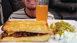 GROUND BEEF AND PORK SAUSAGE GIANT SANDWICH WITH JALAPEÑOS AND POTATO SALAD MUKBANG EATING SHOW [upl. by Lledniuq]