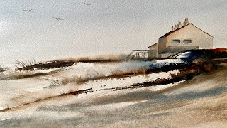 Paint A Simple BEGINNERS LOOSE WATERCOLOR Landscape Painting Coastal COTTAGE amp SAND DUNES DEMO [upl. by Rehoptsirhc917]