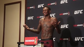 Israel Adesanya guesses his own weight quotI know my fing bodyquot  UFC 248 Official WeighIns [upl. by Yebloc]