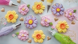 HOW TO PIPE ROYAL ICING TO MAKE 3 BEAUTIFUL FLOWER COOKIES  Camellia Daffodil amp Cosmos Flowers [upl. by Dessma]