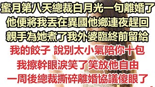 蜜月第八天總裁白月光一句離婚了，他便將我丟在異國他鄉連夜趕回，親手為她煮了我外婆臨終前留給我的餃子 說別太小氣陪你十包，我擦幹眼淚笑了笑放他自由，一周後總裁撕碎離婚協議傻眼了九點夜讀霸總白月光 [upl. by Bronson]