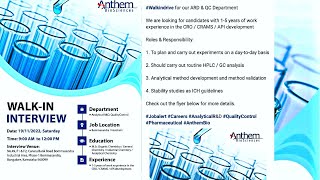 Jobs for M Pharma B Pharma MSC Chemistry  Walk In Interviews in Anthem Biosciences Bangalore  Jobs [upl. by Waverly601]