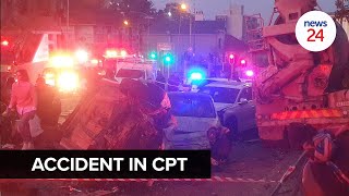 WATCH  Cement truck loses control on Cape Town road injuring at least 10 and causing power outage [upl. by Ecyal38]