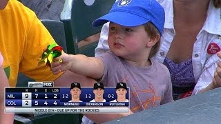 Young fan receives ball from Brewers booth [upl. by Gilcrest]