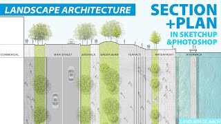 Landscape Design Section and Plan Rendering in Sketchup and Photoshop [upl. by Attennaej36]