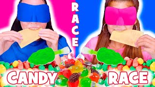 ASMR Candy Race With Closed Eyes  Nerds Rope Wax Bottle Mukbang [upl. by Lamhaj]