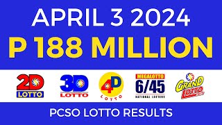 Lotto Result April 3 2024 9pm PCSO [upl. by Alihs]