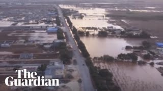 Drone footage shows scale of flooding in Libya [upl. by Appilihp427]