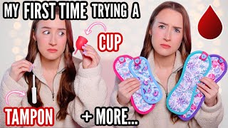 TESTING PERIOD PRODUCTS FIRST TIME trying a tampon menstrual cup  more… [upl. by Meador]