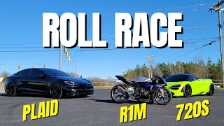 Racing my 2022 Yamaha R1M vs a Mclaren 720s and a Tesla Plaid [upl. by Tanny3]