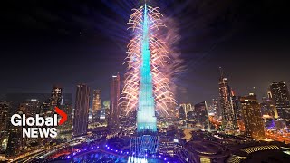 New Years 2024 Dubai puts on dazzling fireworks show from iconic Burj Khalifa [upl. by Valerlan904]