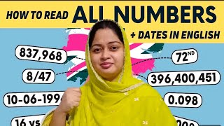 How to read all numbers in ENGLISH BIG NUMBERS DecimalsOrdinal FractionsDatesAddressesPhone [upl. by Oedama]