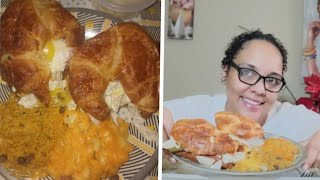 MUKBANG CHICKEN CAESAR SALAD CROISSANT SANDWICHMAC amp CHEESE RICE amp BEANS amp JALAPENOS PITA CHIPS [upl. by Imoen701]