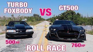 Turbo Fox Body vs 2020 GT500 Roll Racing in Mexico [upl. by Nitsirk782]