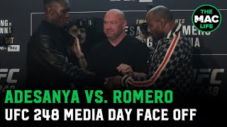 Israel Adesanyas watch catches Yoel Romeros attention during face off  UFC 248 Media Days [upl. by Ellery]