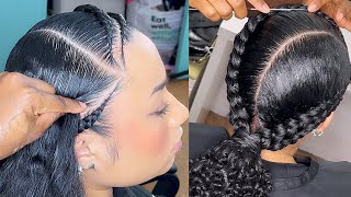 How to make 4 braids look like 2 with added curls  Braided Ponytail With Braiding Hair [upl. by Saimerej]