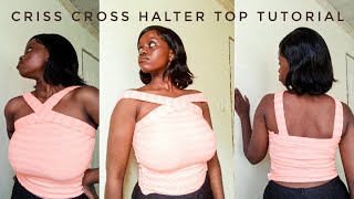 DIY CRISS CROSS HALTER TOP INSPIRED BY SHEINOFFICIAL ✨ sewingtutorial croptop sheinoutfits [upl. by Alidia]