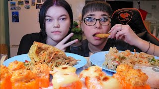 Мукбанг  Роллы Запечённые Рис с курицей и овощамиУдон со свининойКреветки темпура  Обжор Асмр [upl. by Solon140]