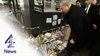 Netanyahu visits Paris terror attack site  Channel 4 News [upl. by Dolhenty]