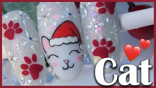 Uñas de GEL de Navidad FÁCIL 🎄 GATITO 🐱 Mano alzada paso a paso [upl. by Yauqaj]