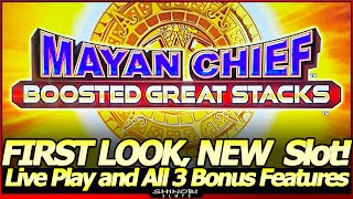 Mayan Chief Boosted Great Stacks Slot Machine  First Look NEW Slot Live Play and All 3 Features [upl. by Noslien]