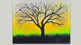 Splattered Tree Silhouette Acrylic Painting Demonstration Easy Painting [upl. by Eyssej863]