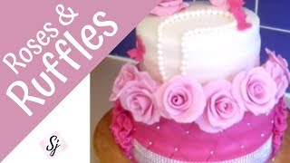 How to make a FONDANT ROSE amp RUFFLES Quilted cake tutorial [upl. by Grosberg]