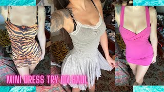 ASMR SHEIN mini dress tryon haul Soft spoken crinkling bodycon skater Lofi [upl. by Elleynad]