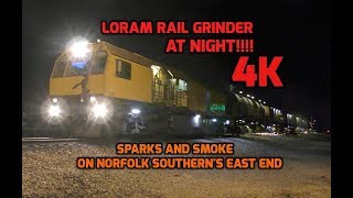 Loram Rail Grinder at Night SPARKS 4K [upl. by Porcia523]