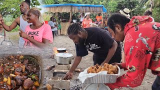 Big cooking huge crowed  Fry chicken  turn cornmeal  rice amp peas  coconut dumpling  stew pork [upl. by Yerok]