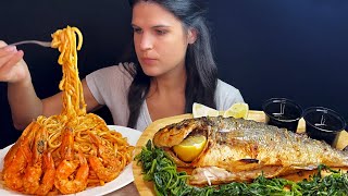 GREEK SHRIMP PASTA amp GRILLED FISH  MUKBANG  ASMR  EATING SOUNDS [upl. by Ailina]