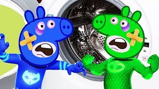 FIVE LITTLE PEPPA PIG PJ MASKS JUMPING ON THE WASHING MACHINE  NURSERY RHYMES LYRICS AND MORE [upl. by Isadora]