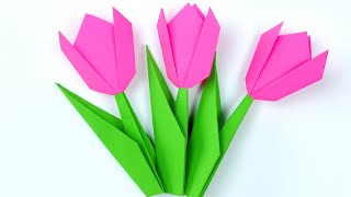 Origami Tulips Easy DIY For Kids How to make PAPER TULIPS without glue Paper tulip flower origami [upl. by Ahsiam]