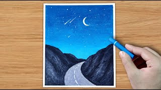 Moonlight scenery drawing with oil pastel  Tutorial shorts [upl. by Orlanta]