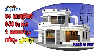 950 sq feet house plan  2 bed room plan  Kerala style  Below 1000 sq feet  Plan and 3D [upl. by Radnaxela829]