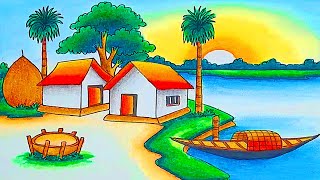 how to draw easy scenery drawing with oil pastel landscape village scenery drawing step by step [upl. by Justen631]