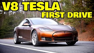 The worlds first V8 powered Tesla hits the road [upl. by Niuqauj692]