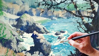 Watercolor Seascape Painting Cliffs Sea and Rocks Tutorial [upl. by Agon]