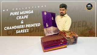 Vibrant Pure Munga Crepe amp Digital Printed Pure Chanderi Saree Collection  mkcollectionssarees [upl. by Anica811]