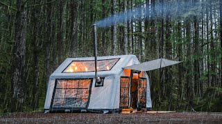 Ep 17 Cozy Winter Camping in the Rain with Inflatable Tent and Wood Stove ASMR Heating Pad [upl. by Neemsaj]