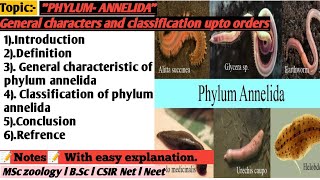 phylum annelidageneral characteristic and classification upto odrders [upl. by Oiratno]