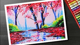 How to draw Spring season landscape drawing and painting with cherry blossom tree step by step [upl. by Hepsoj]