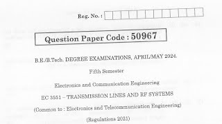 EC3551  Transmission Lines and RF Systems  Apr May 2024  Anna University  Questions [upl. by Nalda]