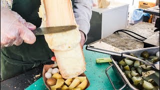 Swiss Raclette Huge Melted Cheese Tasted in Prague Street food of the Czech Republic [upl. by Dorolice916]