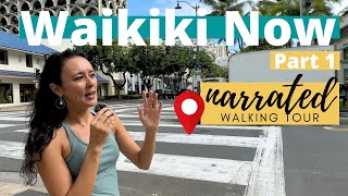 WAIKIKI NOW 2024  Narrated walk down Lewers St Beach Walk Saratoga Rd [upl. by Aiasi205]