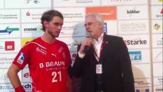 HandballBundesliga Christian Zufelde von der MT Melsungen nach dem Sieg gegen FlensburgHandewitt [upl. by Lynea]