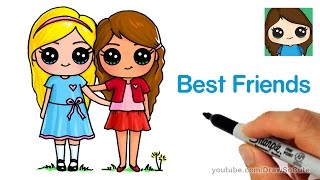 How to Draw Two Cute Girls Easy  Best Friends Forever [upl. by Tasia]